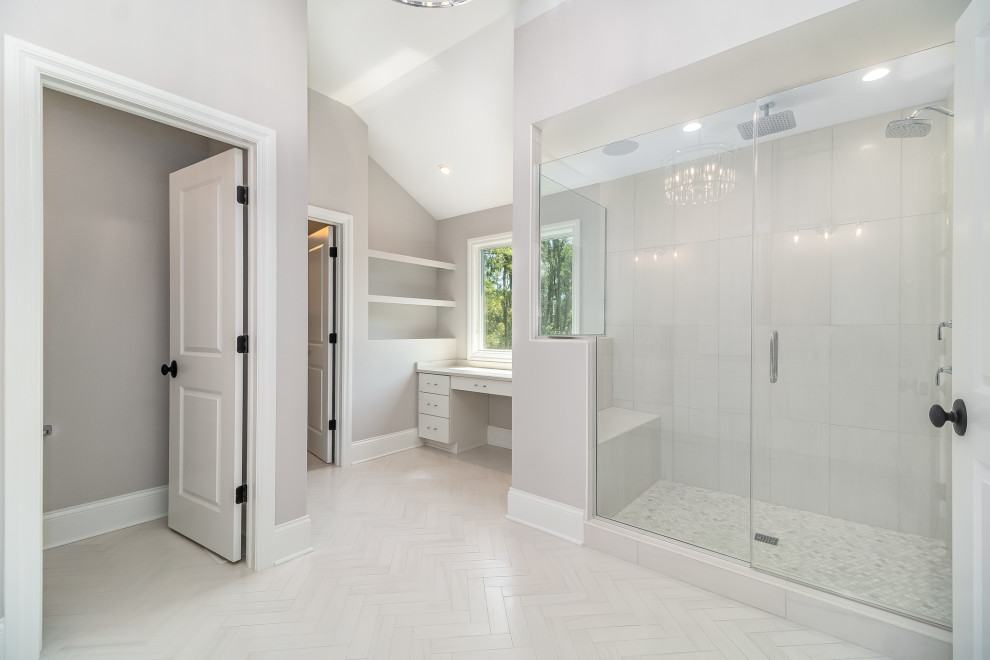 Inspiration for a large country master bathroom in Chicago with beaded inset cabinets, white cabinets, a corner shower, a two-piece toilet, gray tile, grey walls, an undermount sink, grey floor, a hinged shower door, beige benchtops, a shower seat, a double vanity and a built-in vanity.