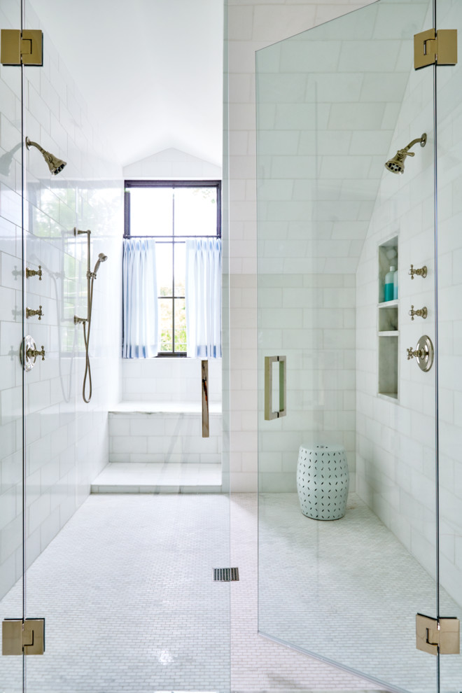 Inspiration for a transitional bathroom in Dallas with a double shower, white tile and a hinged shower door.