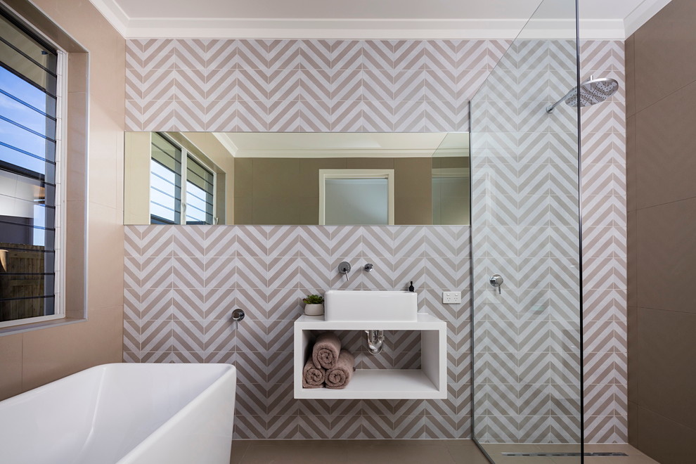 Inspiration for a transitional bathroom in Townsville with open cabinets, a freestanding tub, an open shower, multi-coloured tile, multi-coloured walls, a vessel sink and an open shower.