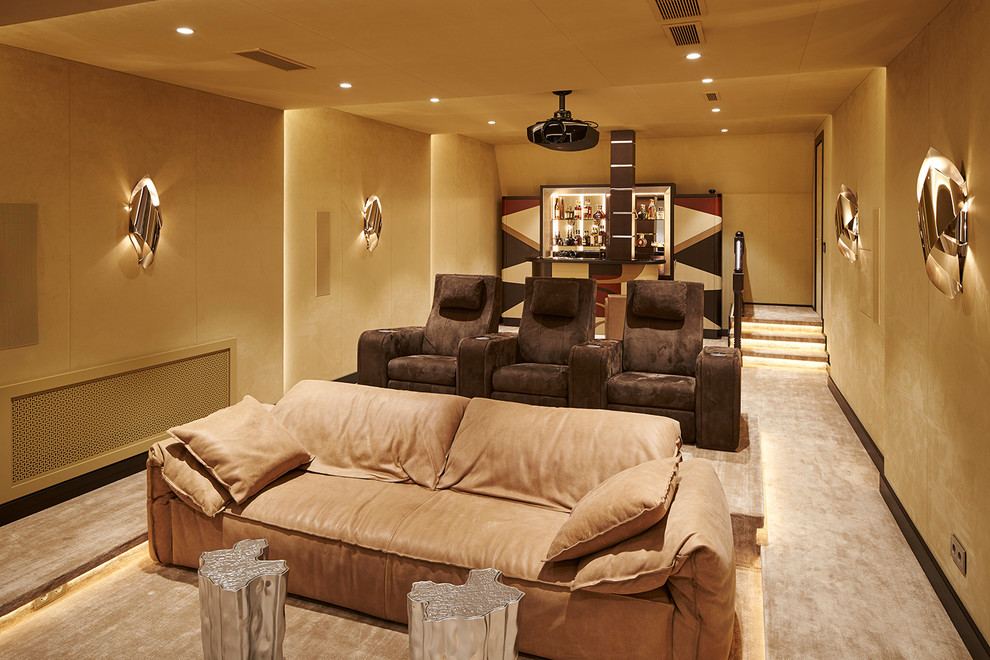 Design ideas for a contemporary enclosed home theatre in Moscow with beige walls, carpet and beige floor.