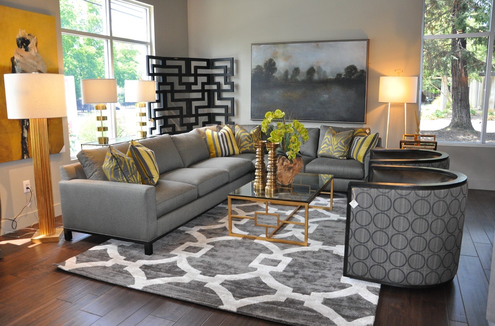 Design ideas for a large transitional formal open concept living room in Sacramento with grey walls, vinyl floors and no fireplace.
