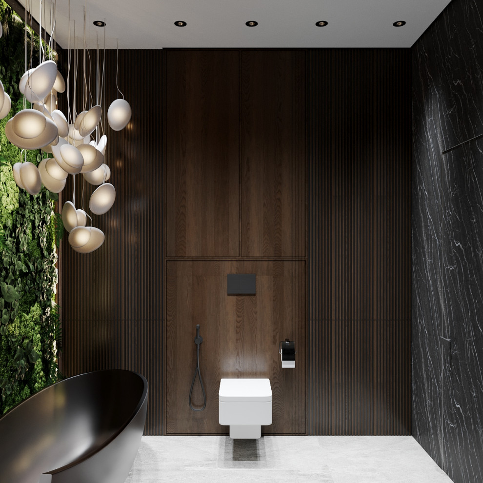 Inspiration för mellanstora moderna badrum, med öppna hyllor, ett fristående badkar, en öppen dusch, en vägghängd toalettstol, svart kakel, bruna väggar, klinkergolv i keramik, ett nedsänkt handfat, vitt golv och med dusch som är öppen
