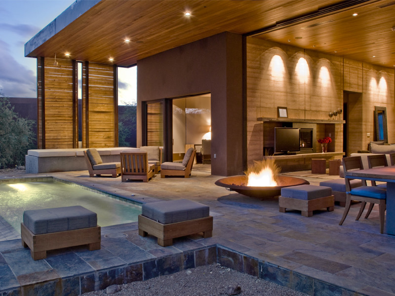 Rammed earth walls Contemporary Patio Phoenix by PureBuild Inc.