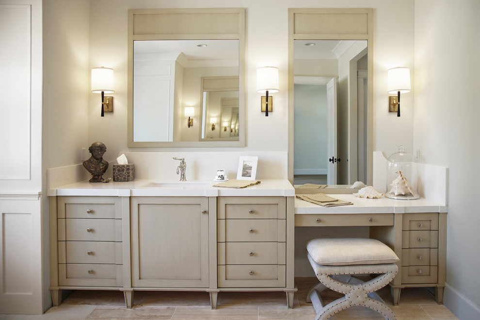 Inspiration for a large transitional master bathroom in Phoenix with recessed-panel cabinets, beige cabinets, a freestanding tub, an alcove shower, white tile, subway tile, white walls, limestone floors, an undermount sink, engineered quartz benchtops, beige floor, a hinged shower door, white benchtops, an enclosed toilet, a double vanity, a built-in vanity and wood walls.