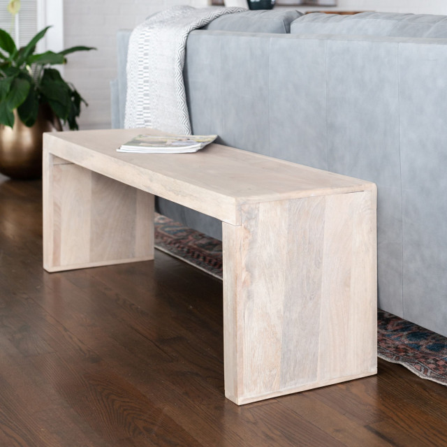 Karson Mango Wood Bench, Light Natural Farmhouse Accent And Storage