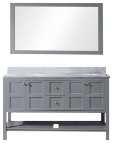 Virtu Winterfell 60" Double Bathroom Vanity, Gray With Marble Top, With Mirror