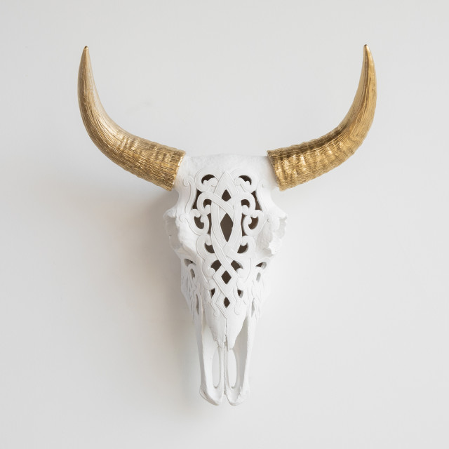 Faux Cow Skull Decorative Carved Bison Wall Decor White And Gold Southwestern Sculptures By Near Deer Houzz - Cow Skull Wall Decor Australia