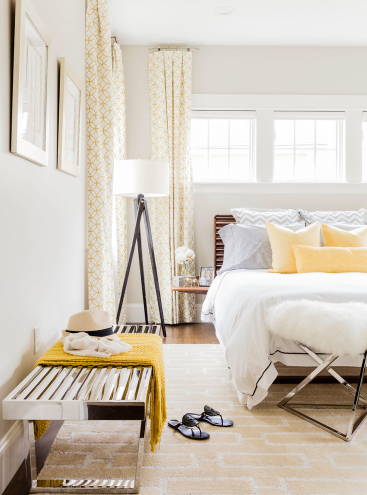 Inspiration for a transitional master bedroom in Boston with grey walls and dark hardwood floors.