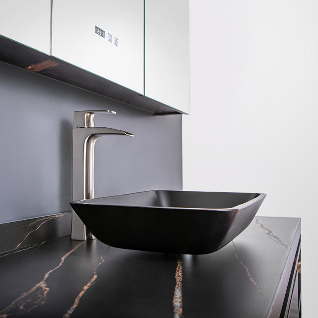 Matte Black Glass Rectangular Vessel Bathroom Sink modern-badezimmer