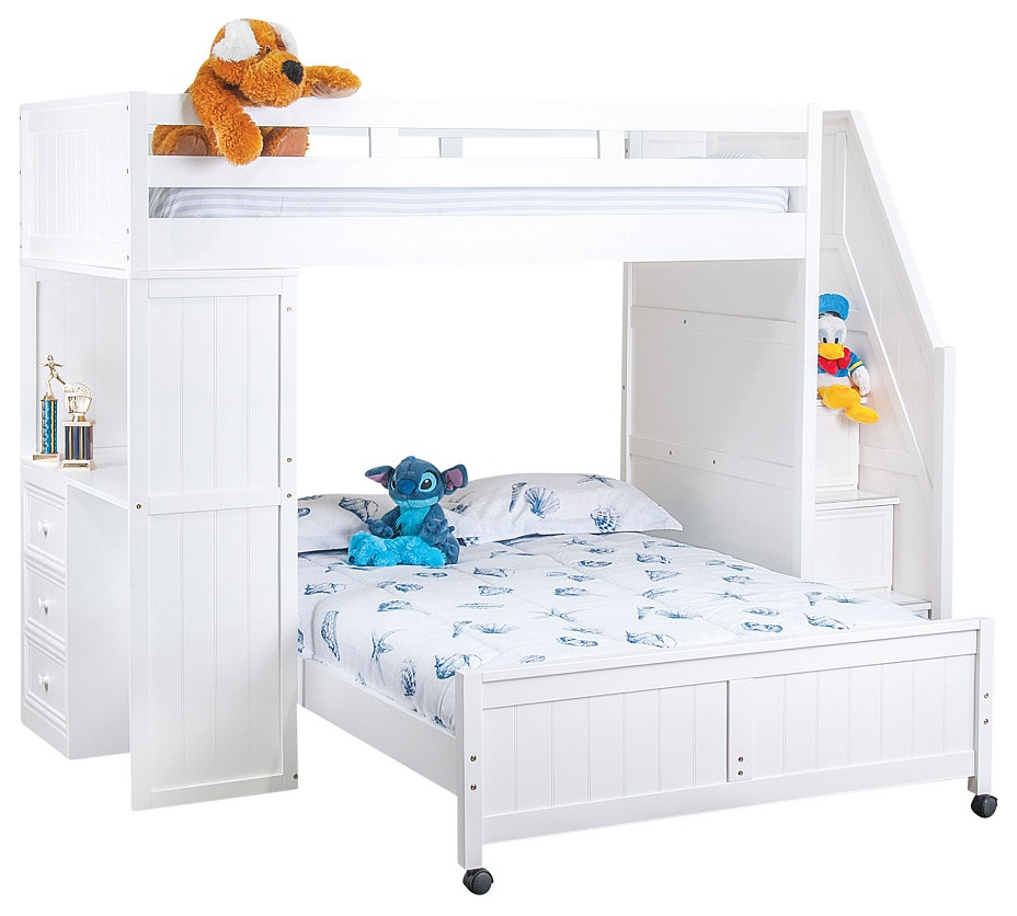 Post White Twin over Full L Shaped Loft Bed with Stairs and Desk Transitional Bunk Beds by