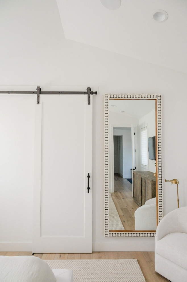 Ispirazione per una piccola camera matrimoniale minimalista con pareti bianche, parquet chiaro e pavimento beige