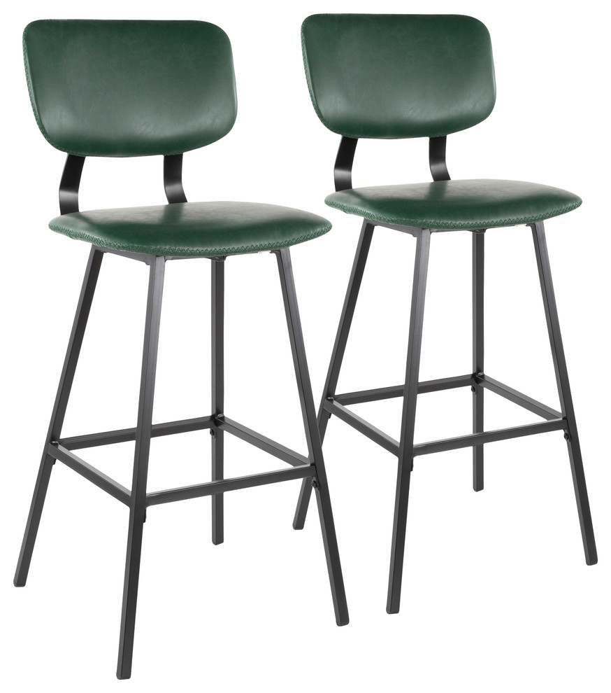 Lumisource Foundry Barstool, Green PU Leather, Green Stitching, Set of 2