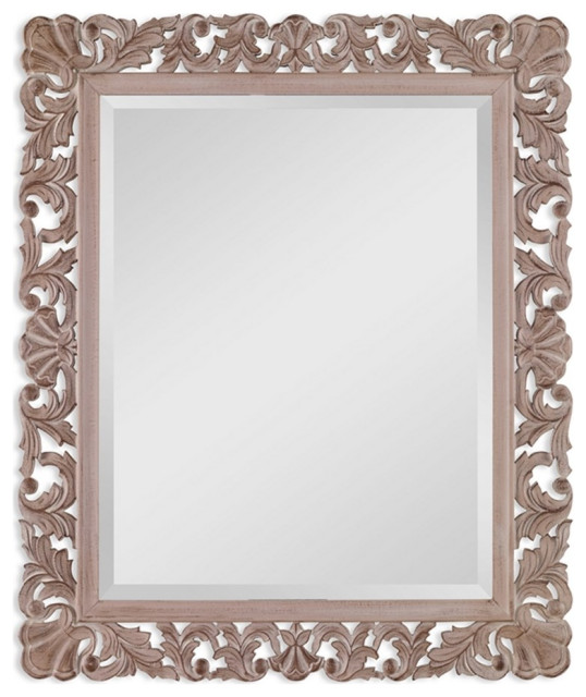 Benjaza 36.5x30.5" Rectangular Filigree Carved Wood Mirror in Natural Brown French Country