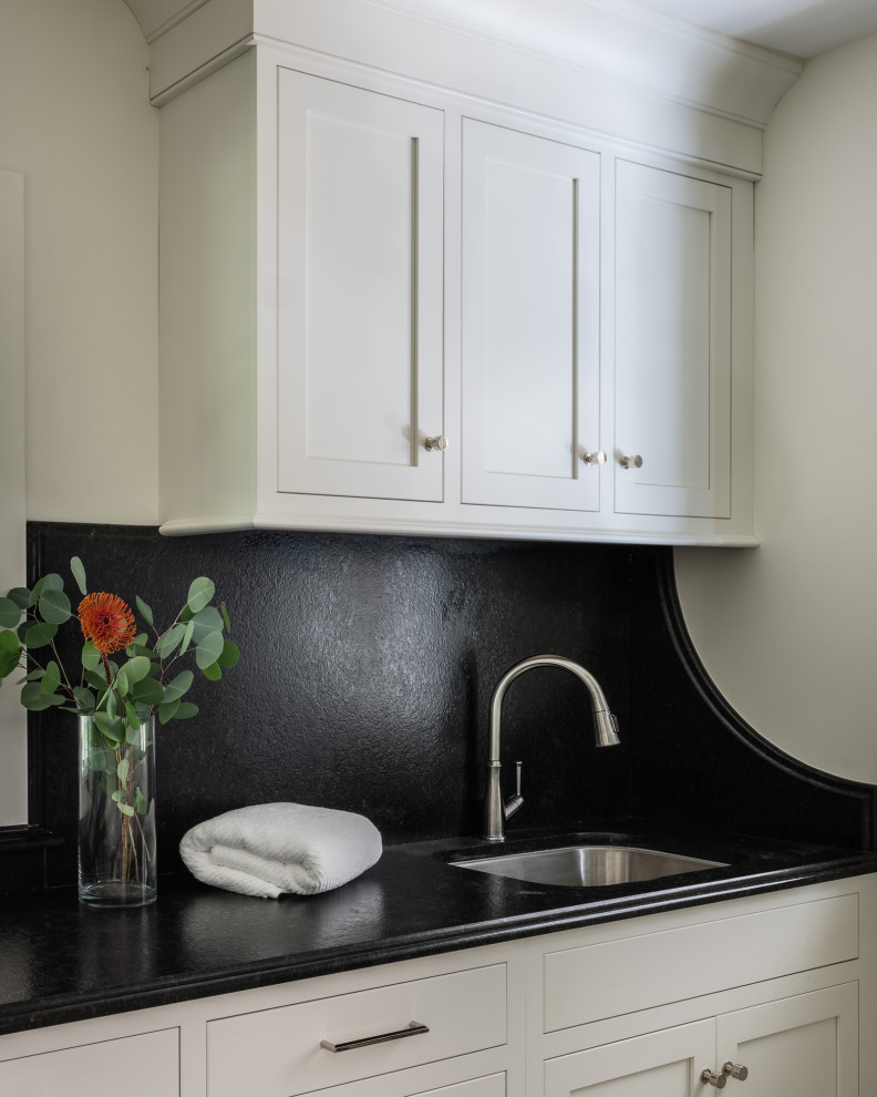 Inspiration for a mid-sized transitional u-shaped cement tile floor and gray floor eat-in kitchen remodel with a drop-in sink, shaker cabinets, white cabinets, quartzite countertops, gray backsplash, porcelain backsplash, stainless steel appliances, an island and multicolored countertops