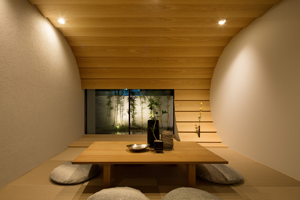 Inspiration for a modern living room in Other with brown walls, tatami floors, brown floor and no tv.