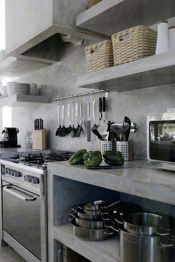 Inspiration for a mid-sized industrial single-wall eat-in kitchen in Columbus with an integrated sink, open cabinets, grey cabinets, concrete benchtops, grey splashback, cement tile splashback, stainless steel appliances, concrete floors, with island, grey floor and grey benchtop.