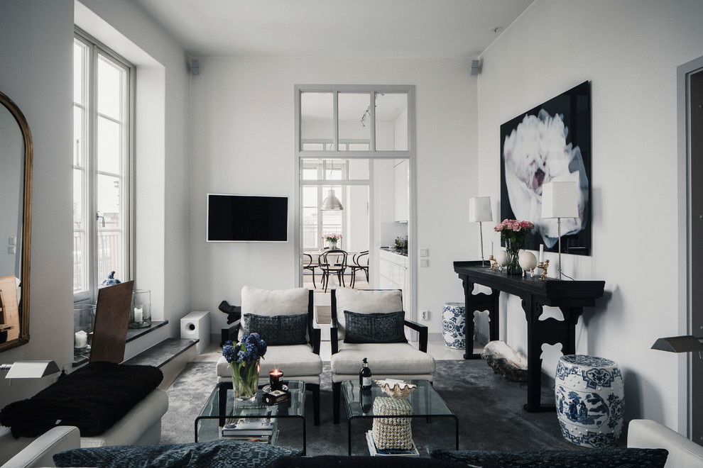 Design ideas for a large traditional formal open concept living room in Stockholm with white walls, no fireplace and no tv.
