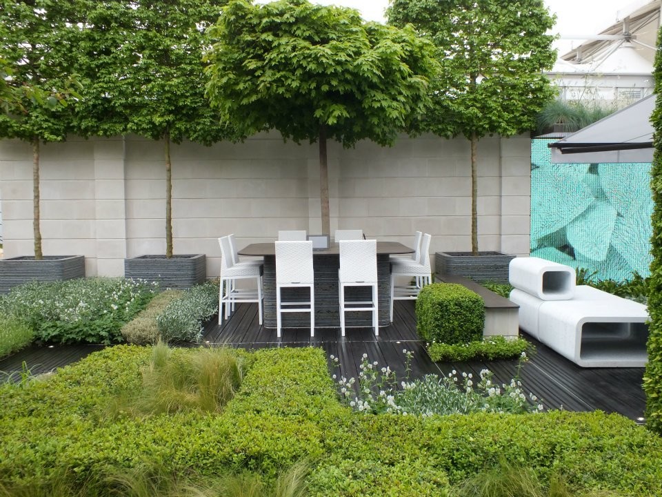 Small contemporary rooftop deck in London with an outdoor kitchen and no cover.