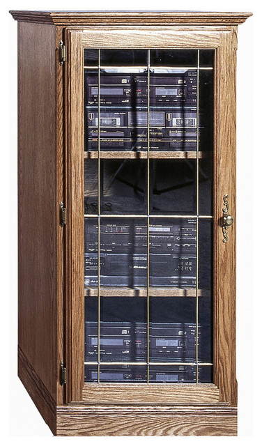 Traditional Oak Audio Tower With Glass, Glass Door Stereo Cabinet