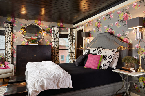 grey and black bedroom with grey floral wallpaper
