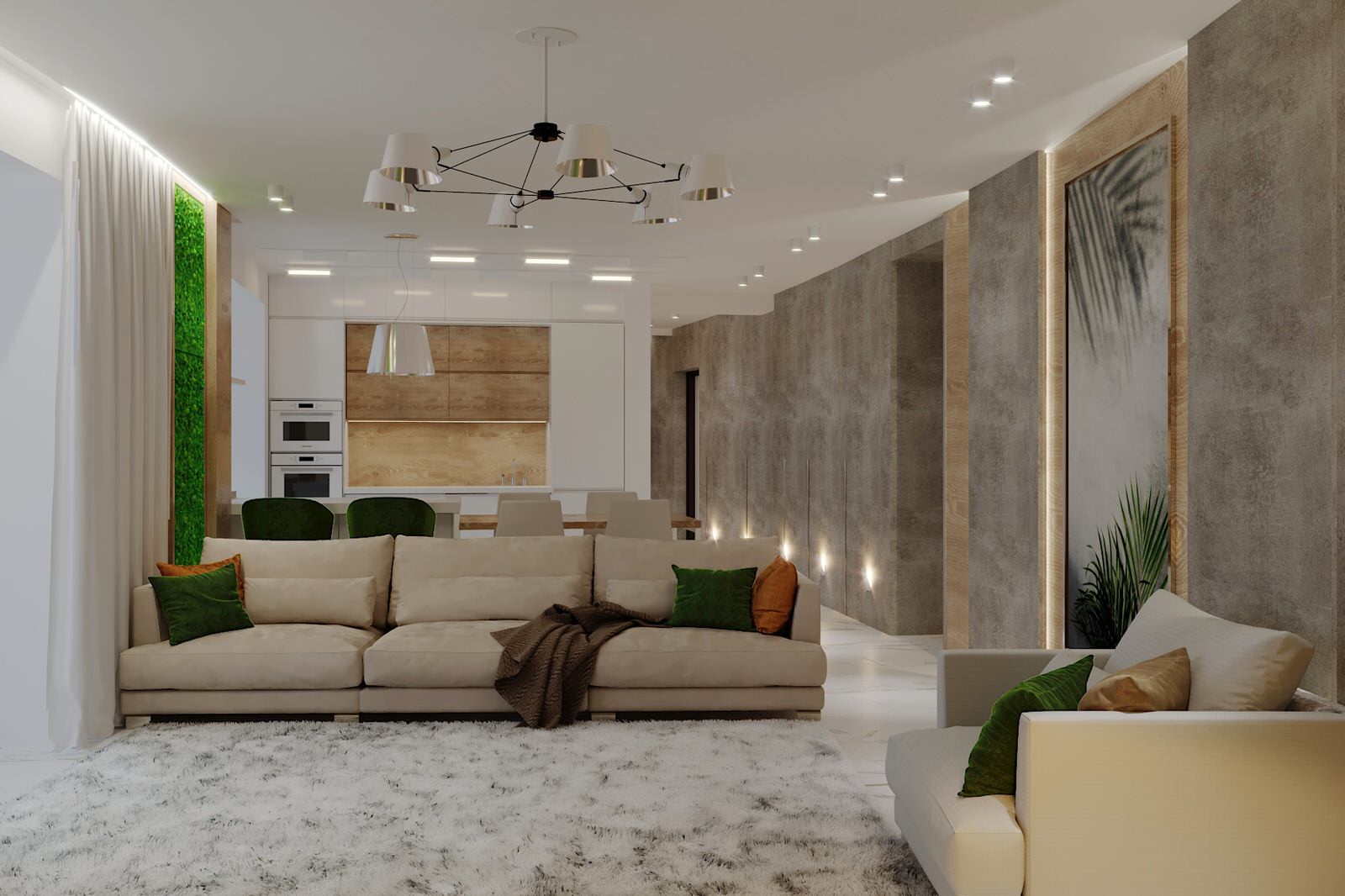 Светлые,минималистичные с сочными зелеными акцентами интерьеры