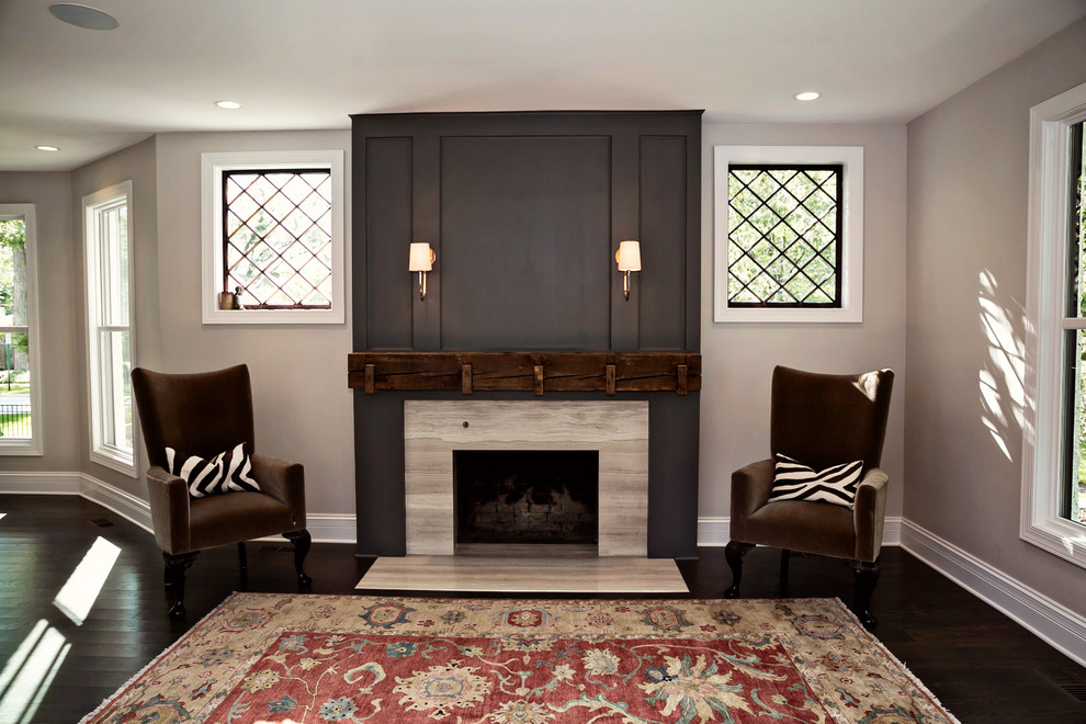 Inspiration for an expansive transitional formal open concept living room in Chicago with grey walls, dark hardwood floors, a standard fireplace, a stone fireplace surround and no tv.