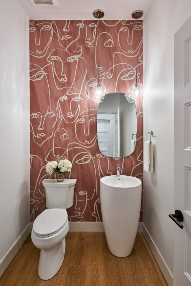 Design ideas for a medium sized traditional cloakroom in Other with a one-piece toilet, white walls, medium hardwood flooring, a pedestal sink, brown floors and a vaulted ceiling.