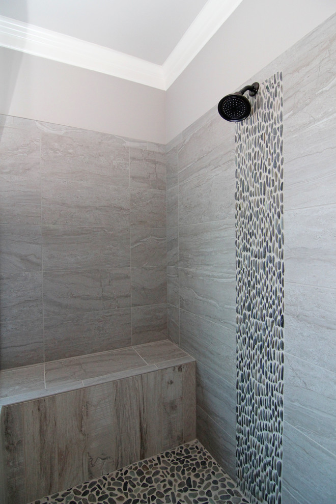 Gray Pebble Tile Waterfall In Shower Traditional Bathroom Raleigh   Home Design 