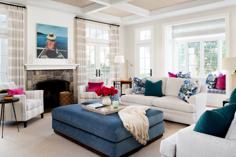 Inspiration for a beach style living room in DC Metro with white walls, a standard fireplace, a stone fireplace surround and a coffered ceiling.