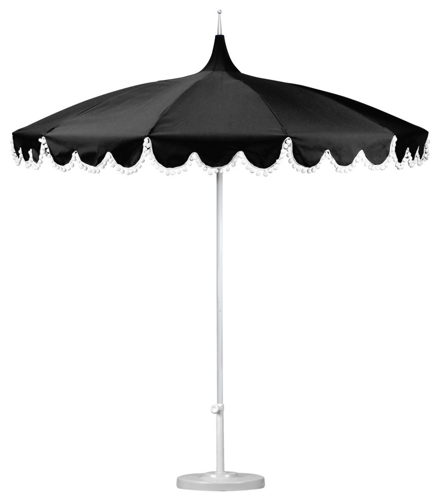 8 5 Sunbrella Boardwalk Patio Umbrella With Pom Poms And 50 Lb Base Black Contemporary Outdoor Umbrellas By California Umbrella