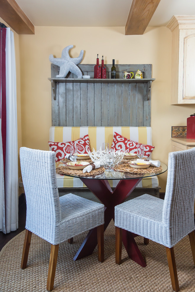 Mid-sized transitional dark wood floor eat-in kitchen photo with a drop-in sink, recessed-panel cabinets, light wood cabinets, solid surface countertops, red backsplash, terra-cotta backsplash, stainless steel appliances and an island