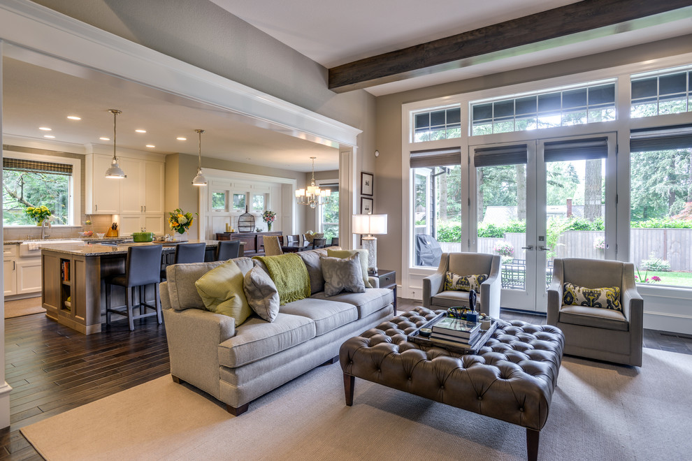 Mid-sized transitional open concept living room in Portland with grey walls and dark hardwood floors.