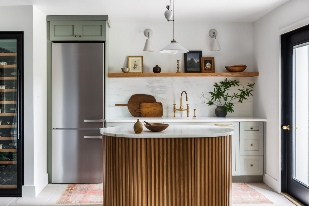 Design ideas for a mid-sized scandinavian galley wet bar in DC Metro with shaker cabinets, green cabinets, marble benchtops, white splashback, stone slab splashback and white benchtop.