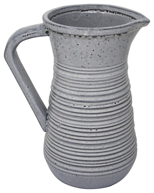 Decorative Ceramic Pitcher With Horizontal Ribbed Design, Gray