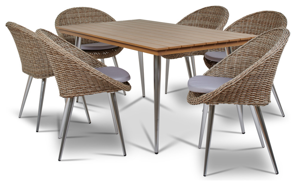 Jasmund Brown 7Piece Wicker and Faux Wood Patio Dining Set With Beige