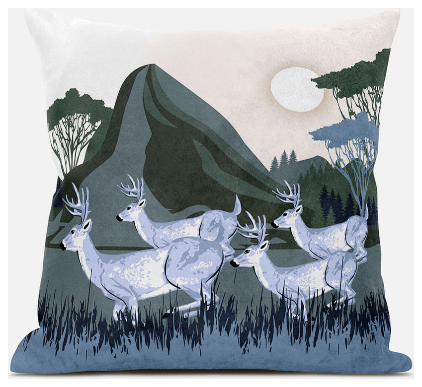 18x18 Blue Deer Blown Seam Broadcloth Animal Print Throw Pillow
