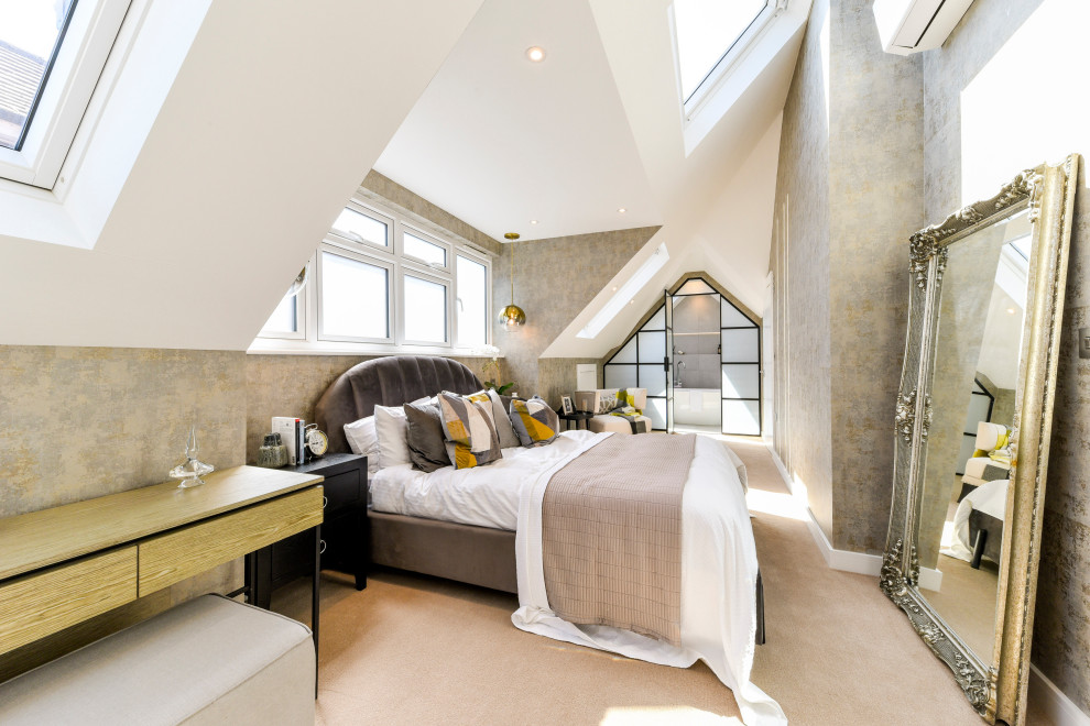 Medium sized contemporary bedroom in London with grey walls, carpet, beige floors, a vaulted ceiling and wallpapered walls.