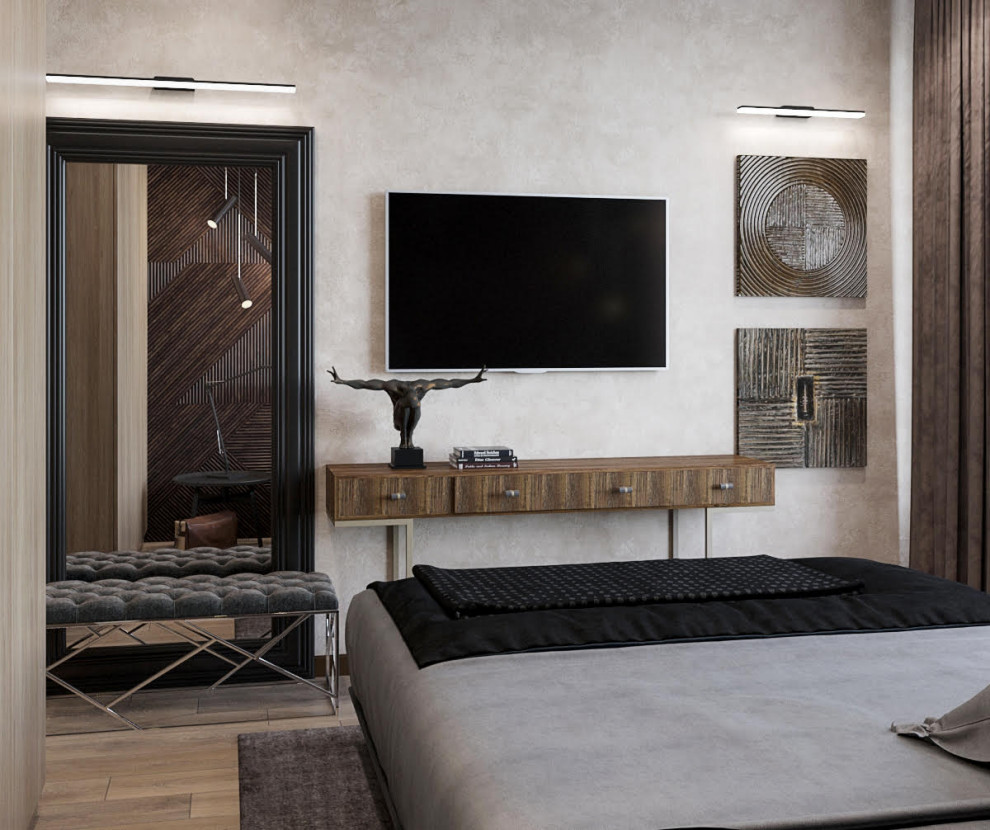 Стильная спальня с 3Dпанно и черным потолком