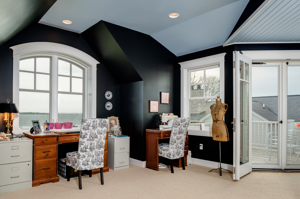 Design ideas for a mid-sized arts and crafts craft room in Other with carpet, no fireplace, a freestanding desk, black walls, beige floor and vaulted.