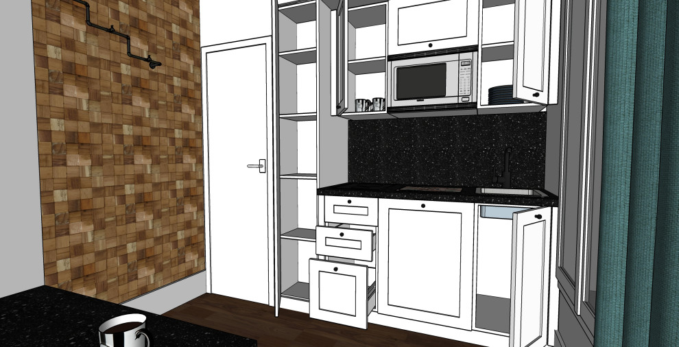 Inredning av ett industriellt litet svart linjärt svart kök med öppen planlösning, med en undermonterad diskho, luckor med profilerade fronter, vita skåp, granitbänkskiva, svart stänkskydd, integrerade vitvaror, mörkt trägolv och brunt golv