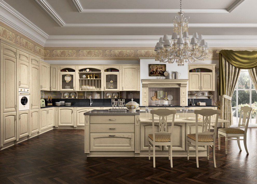 Design ideas for a large traditional l-shaped eat-in kitchen in San Diego with a double-bowl sink, flat-panel cabinets, light wood cabinets, granite benchtops, black splashback, ceramic splashback, panelled appliances, dark hardwood floors and no island.