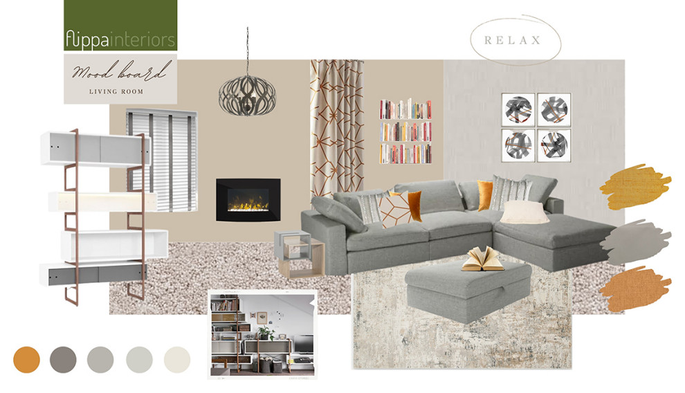 Idee per un soggiorno minimal con pareti grigie, moquette e pavimento beige