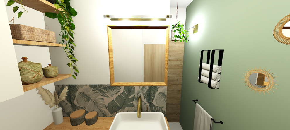 На фото: ванная комната в скандинавском стиле с плиткой под дерево, полом из плитки под дерево, душевой кабиной, столешницей из ламината и тумбой под одну раковину с
