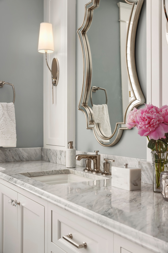 Bathroom - huge traditional master white tile and marble tile marble floor, white floor, double-sink and tray ceiling bathroom idea in Minneapolis with recessed-panel cabinets, white cabinets, blue walls, an undermount sink, marble countertops, white countertops and a built-in vanity