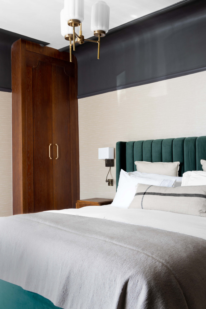 Design ideas for a large classic master bedroom in Cheshire with beige walls, carpet, no fireplace, beige floors, a coffered ceiling, wallpapered walls and a chimney breast.