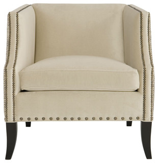 Kiara Hollywood Regency Mocha Wood Antique Nickel Beige Armchair