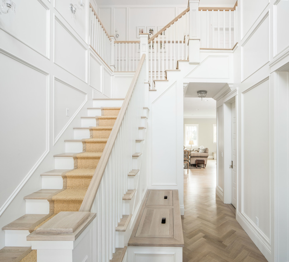 Traditional wood l-shaped staircase in Salt Lake City.