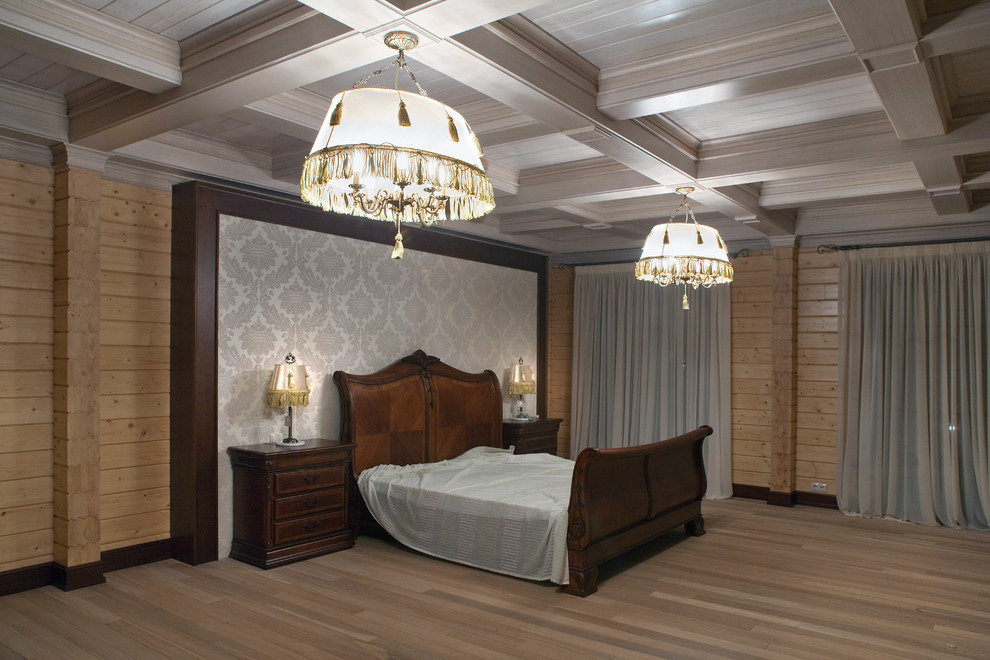 Кессонные потолки, стеновые панели, двери и кухня в деревянном доме