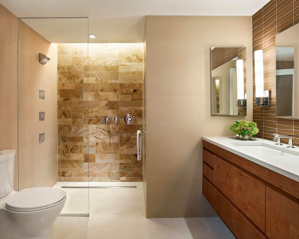 Modern ensuite bathroom in San Francisco with flat-panel cabinets, brown cabinets, a two-piece toilet, ceramic tiles, white walls, ceramic flooring, a submerged sink, quartz worktops, white floors, a hinged door, white worktops, a single sink, a built in vanity unit and a feature wall.