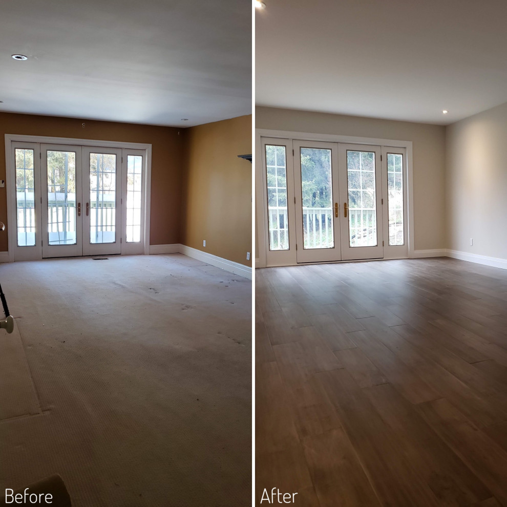 Großes Modernes Gästezimmer mit beiger Wandfarbe, dunklem Holzboden und braunem Boden in Sonstige